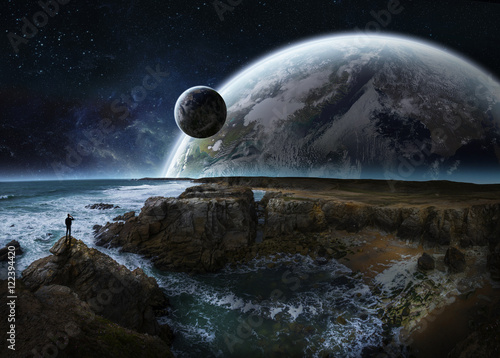 Fototapeta Naklejka Na Ścianę i Meble -  View of distant planet system from cliffs 3D rendering elements