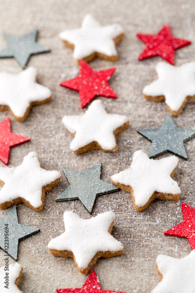 Christmas cookies with small christmas decoration.