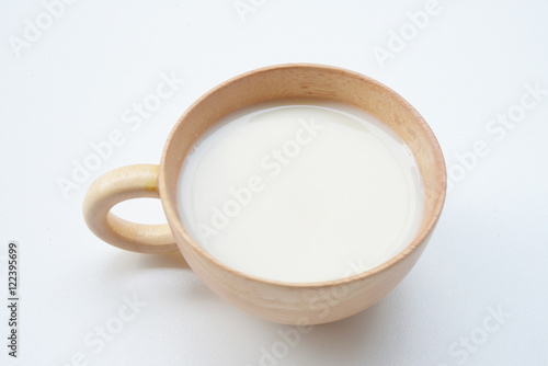 Soy milk and soy in wooden bowl healthy food. 