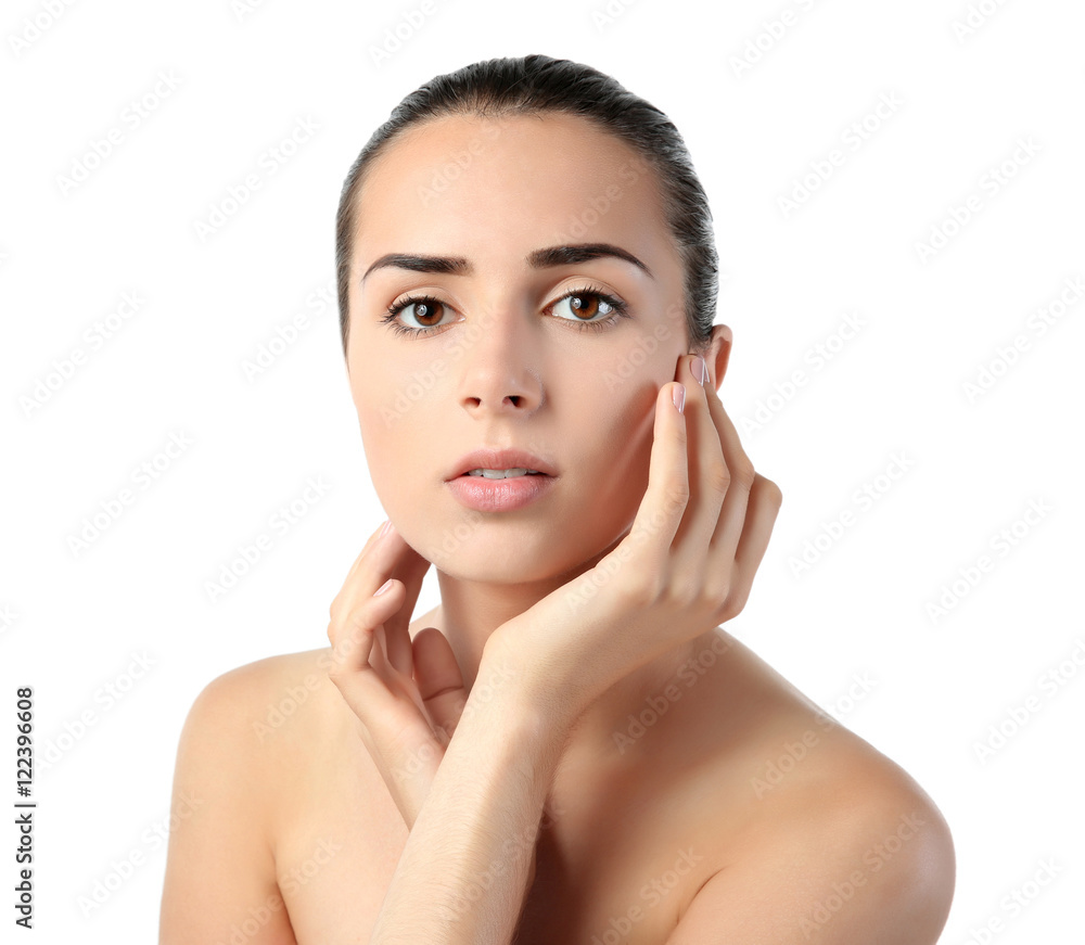 Beautiful young woman with natural makeup on white background Beautiful young woman with natural makeup on white background