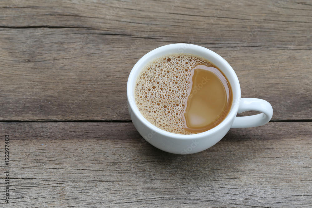 hot coffee in a white Coffee cup on wooden table. hot coffee in a white Coffee cup on wooden table.