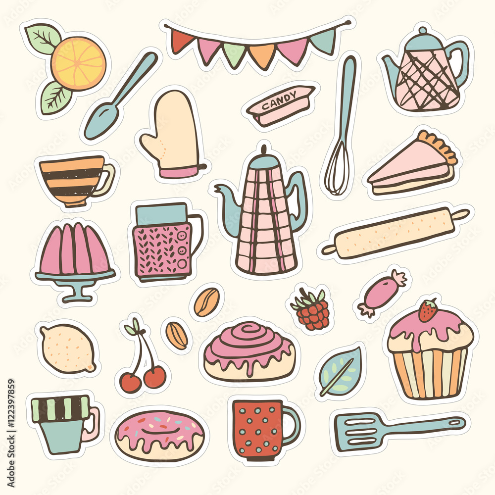 Baking kitchen hand drawn doodle stickers vector set. Can be use