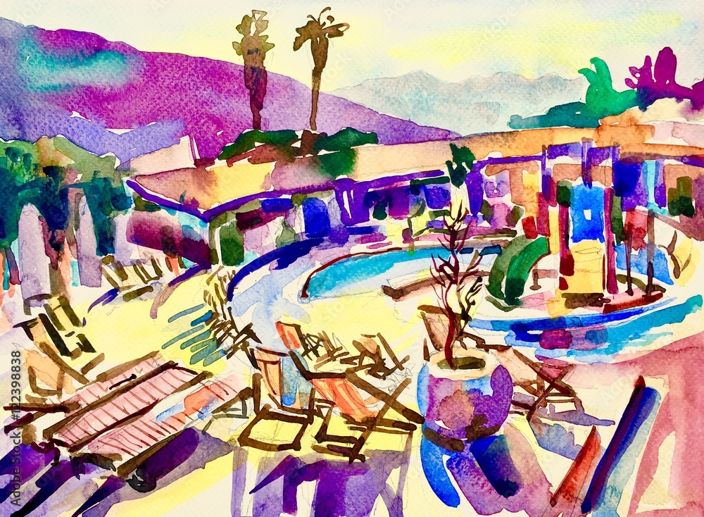 watercolor sketch drawing of swimming pool landscape in Budva Mo