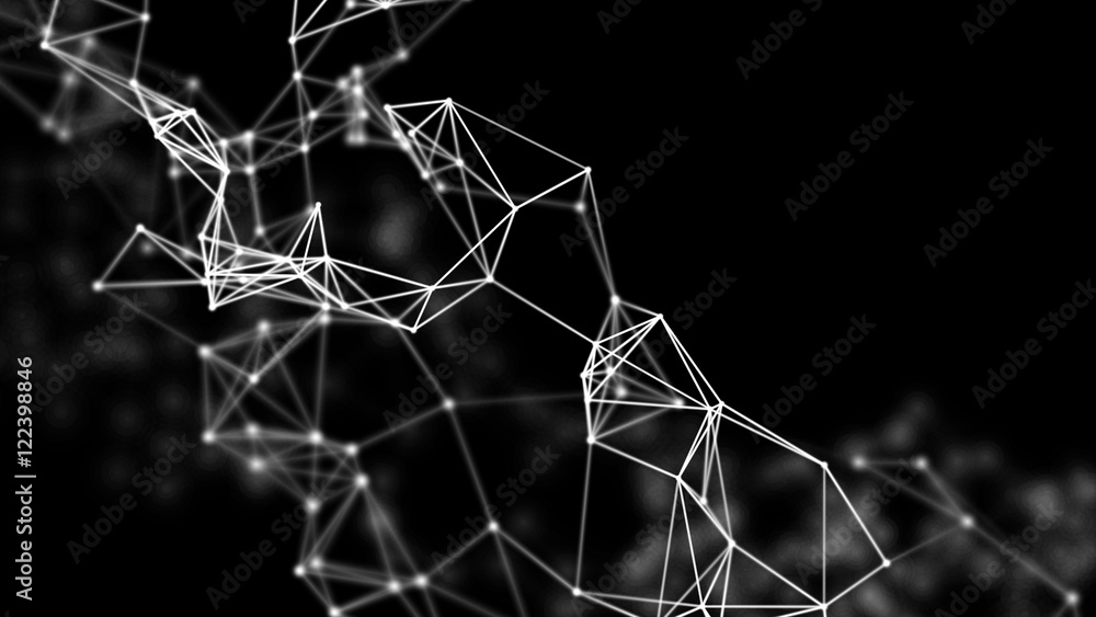 3D network evolving. Lines and dots forming a mesh. Depth of field settings. Background for communications, technology, science, computer networks, internet, social media. White on black. 3D rendering 3D network evolving. Lines and dots forming a mesh. Depth of field settings. Background for communications, technology, science, computer networks, internet, social media. White on black. 3D rendering