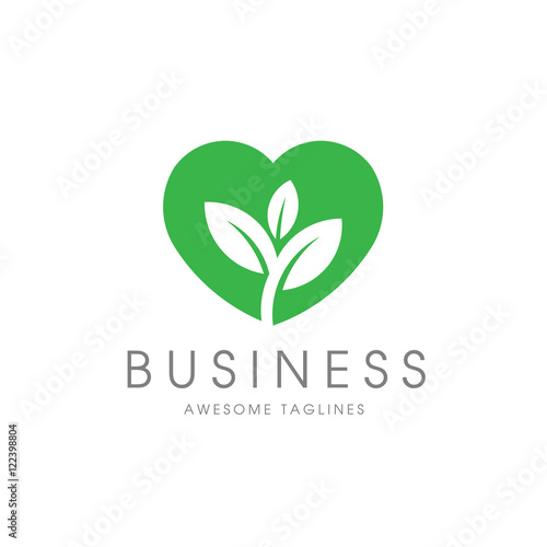 nature care concept logo, green heart with leaves. ecology vegan herbal healthcare
