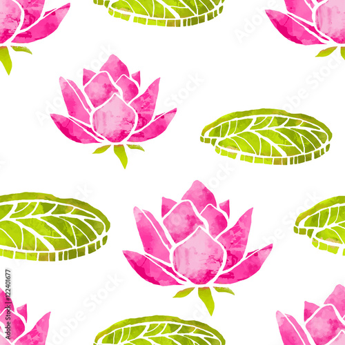Seamless pattern with watercolor lotus flowers