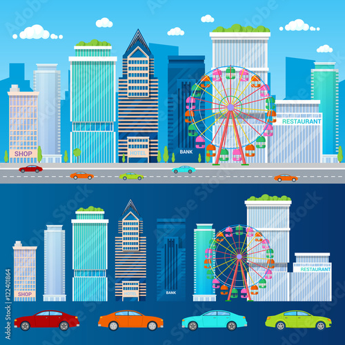 Modern Cityscape with Skyscrapers Ferris Wheel and Cars. Vector background