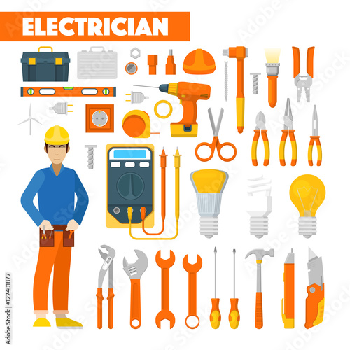 Profession Electrician Icons Set with Voltmeter and Tools. Vector illustration