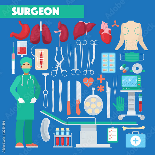Profession Surgeon Medical Tools with Anatomy Human Organs. Vector illustration