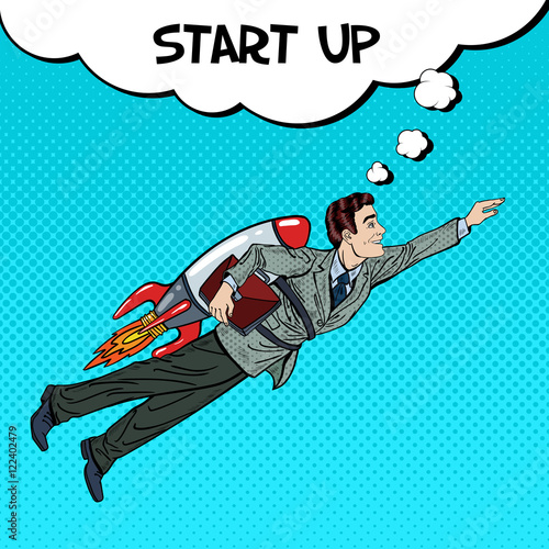 Pop Art Businessman Flying on Rocket. Business Start Up. Vector illustration