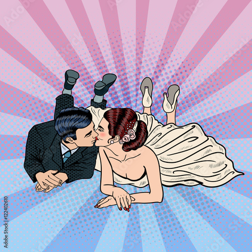 Happy Wedding Couple Kissing. Pop Art Bride and Groom. Vector illustration