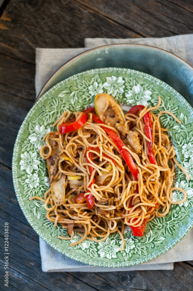 Vegetable noodles with eggplant, squash and red peppers