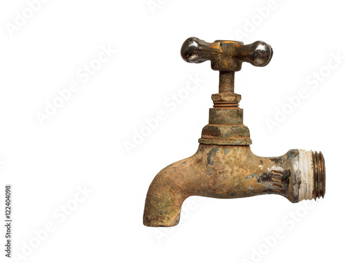 Old and used Vintage faucet on white with copy space
