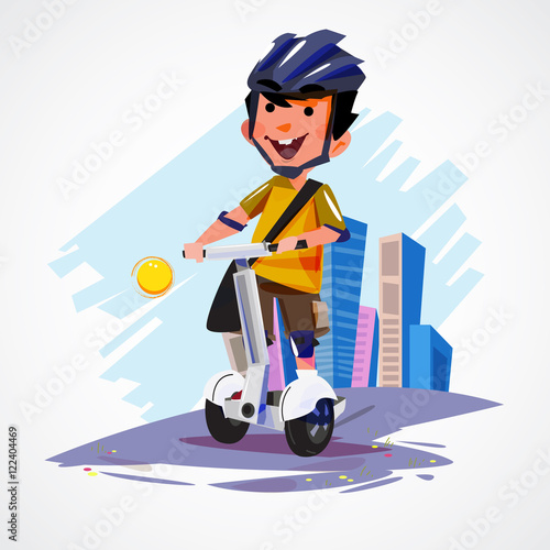  young man riding segway gyropode electric two wheels vehicle on