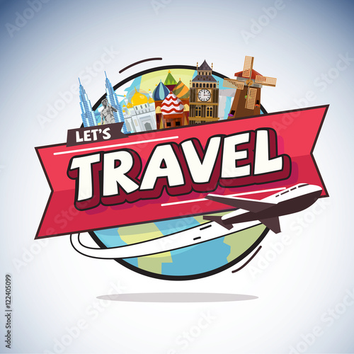 plane flying around the world with city landmark. Travel concept