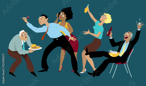 Diverse group of friends drinking and playing darts after work in a bar, EPS 8 vector illustration, no transparencies