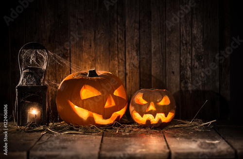 Halloween Pumpkins on old wooden table