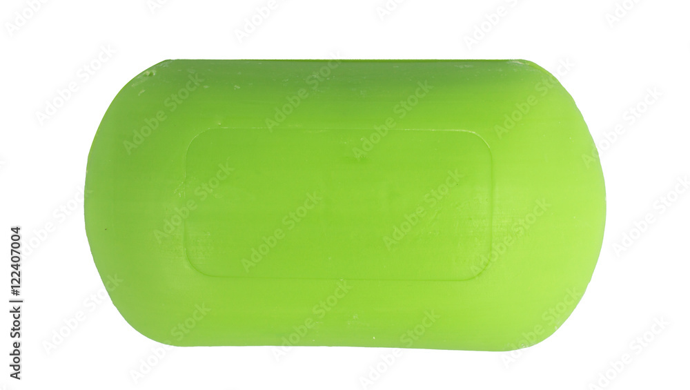 Green soap on a white, isolated background. Top view. Flat lay.