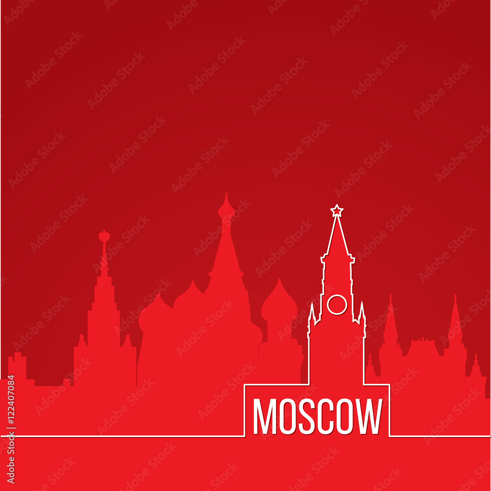 Russia Moscow Concept for web banner. One line composition with greatest landmarks. White linear icon on red background. Russia Moscow Concept for web banner. One line composition with greatest landmarks. White linear icon on red background.