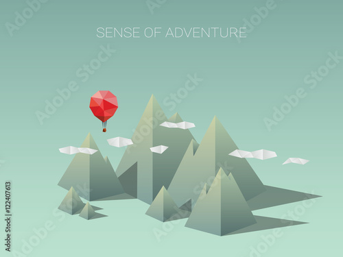 Polygonal mountain range with red balloon. Modern low poly design concept for traveling and adventure.