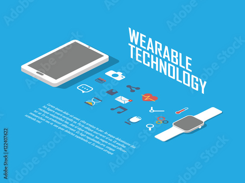 Smart watch concept illustration. Smartwatch and smartphone as wearable technology with icons for apps interface.