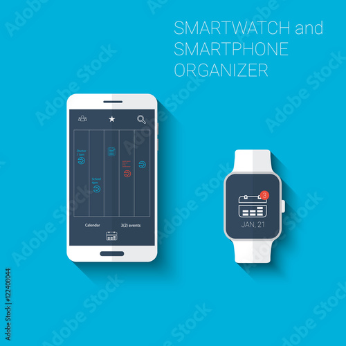 Smartphone and smartwatch organizer or calendar player user interface icons kit. Wearable technology concept in modern flat design