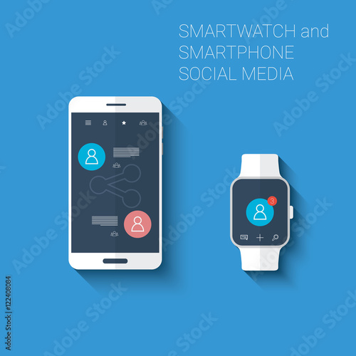 Smartphone and smartwatch social media networks user interface icons kit. Wearable technology concept in modern flat design