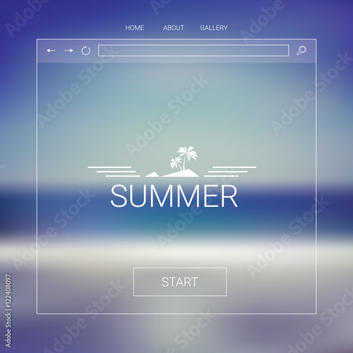 Single page website template with summer beach blurred background. Line icons and layout, hexagon vintage badge, ribbons in the centre.