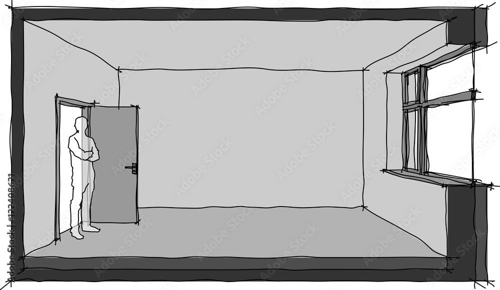 hand drawn sketch of a single empty room with door and window Stock ...