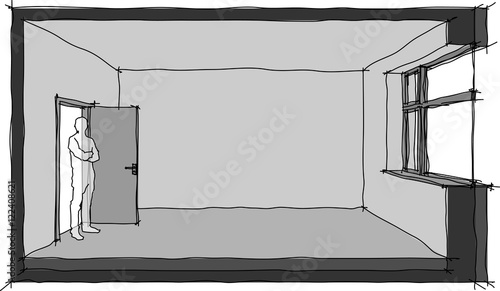 hand drawn sketch of a single empty room with door and window