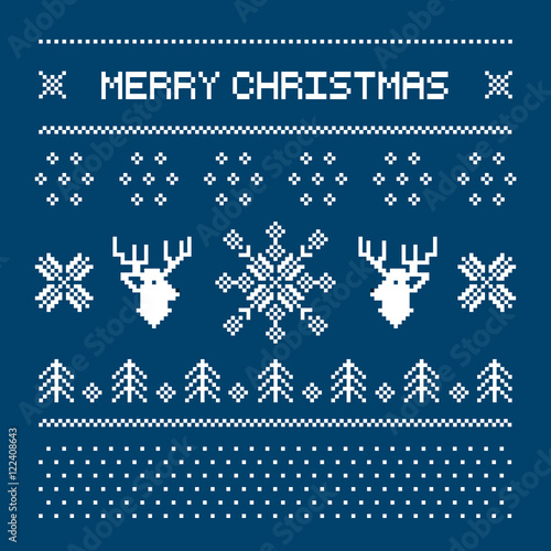 Pixel deers and christmas trees on the white background