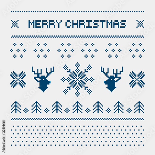 Pixel deers and christmas trees on the white background