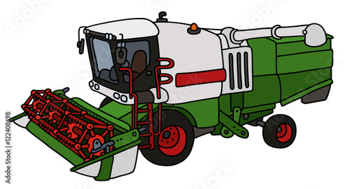 Hand drawing of a green and white harvester