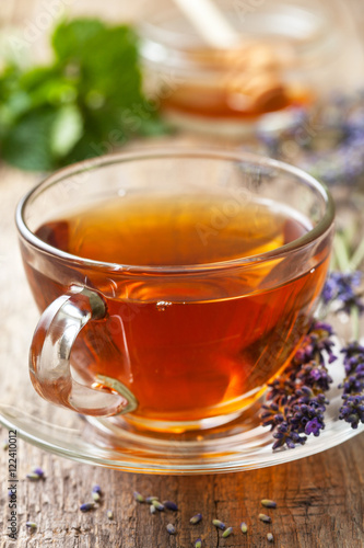 tea with lavender in a glass cup