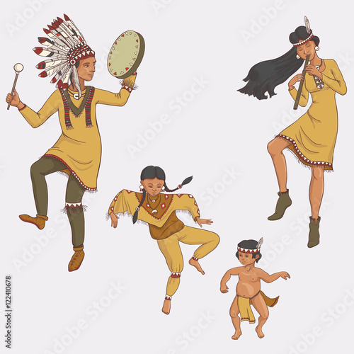 native americans, dancing indian family in traditional costume