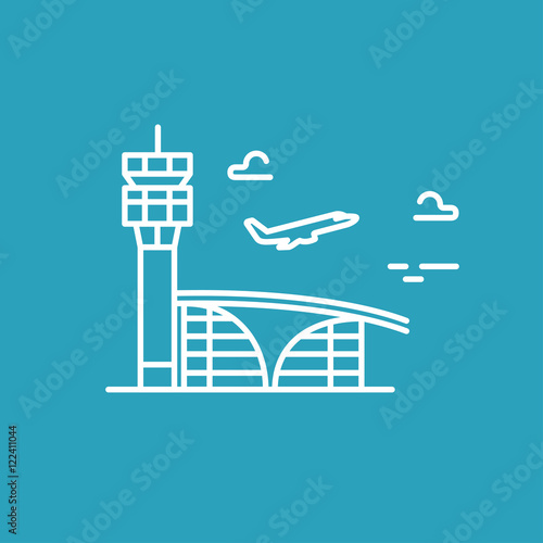 Airport building. Plane taking off. Vector line icon.