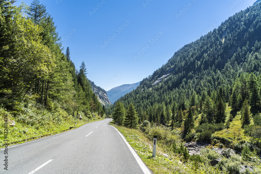 Landstraße in den Alpen zwischen Bergen und Wäldern