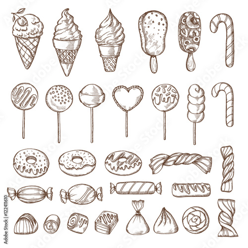 Hand drawn set of candies  cake pops  ice cream and donuts. Retro vintage vector illustration.