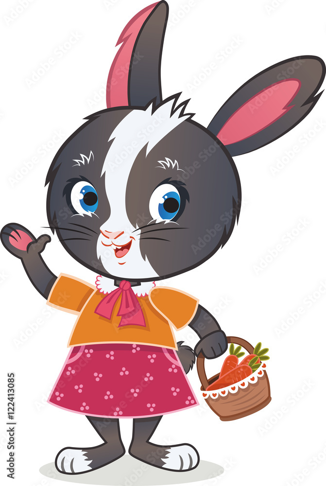 Naklejka premium Cute rabbit holding carrot basket while waving greeting and welcoming.