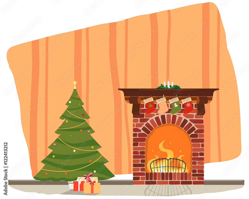 The room is a Christmas tree with gifts by the fireplace. Vector illustration