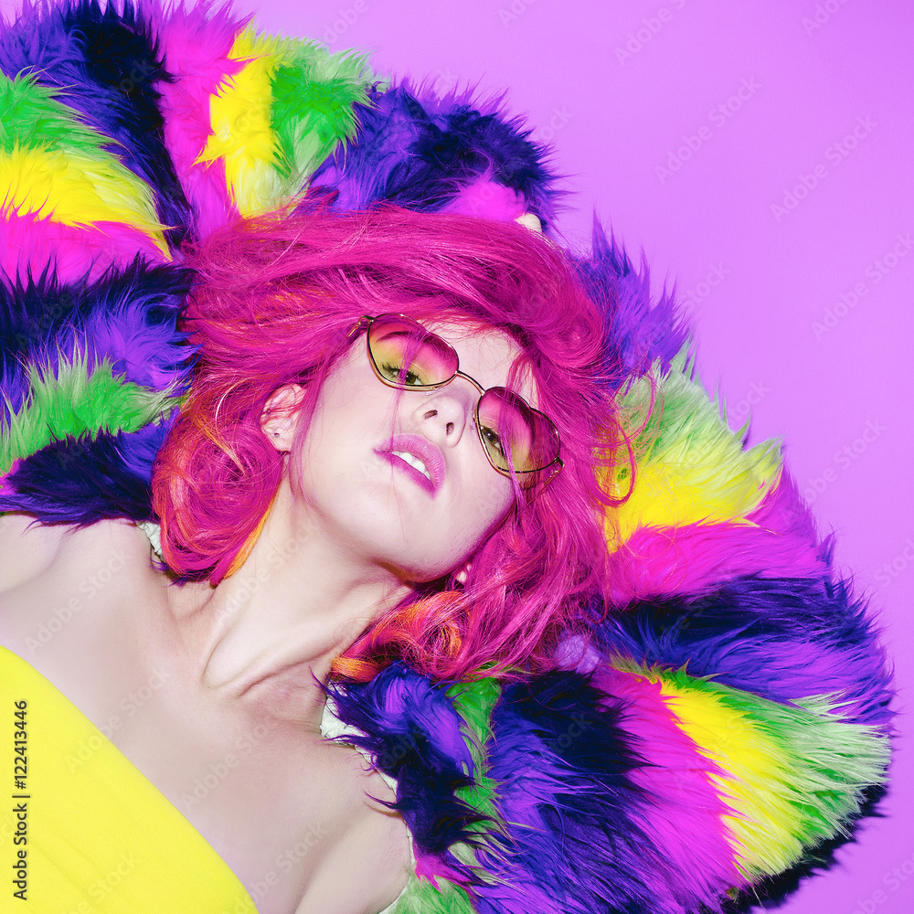 Fancy Girl stylish Pink Hair, Glamorous coat, Sunglasses hearts Fancy Girl stylish Pink Hair, Glamorous coat, Sunglasses hearts