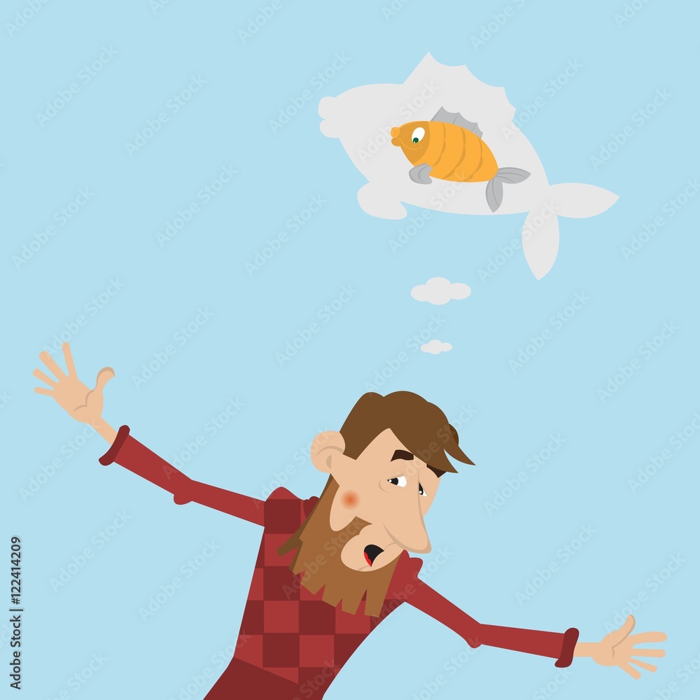 a fisherman shows off a caught fish. Spreading his arms out to the sides. Fisherman beard. vector illustration of cartoon a fisherman shows off a caught fish. Spreading his arms out to the sides. Fisherman beard. vector illustration of cartoon