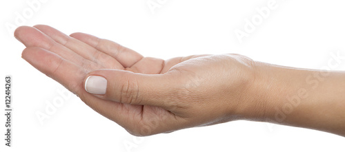 Female hand with space on the palm for your objects isolated on white background. 