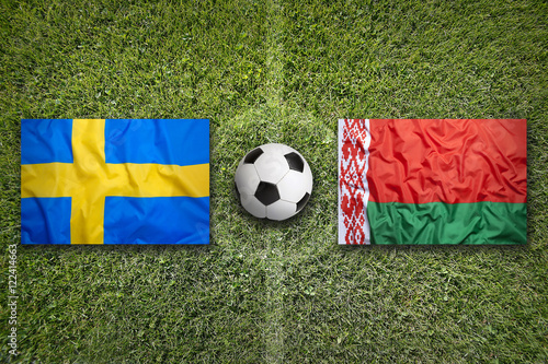 Sweden vs. Belarus flags on soccer field