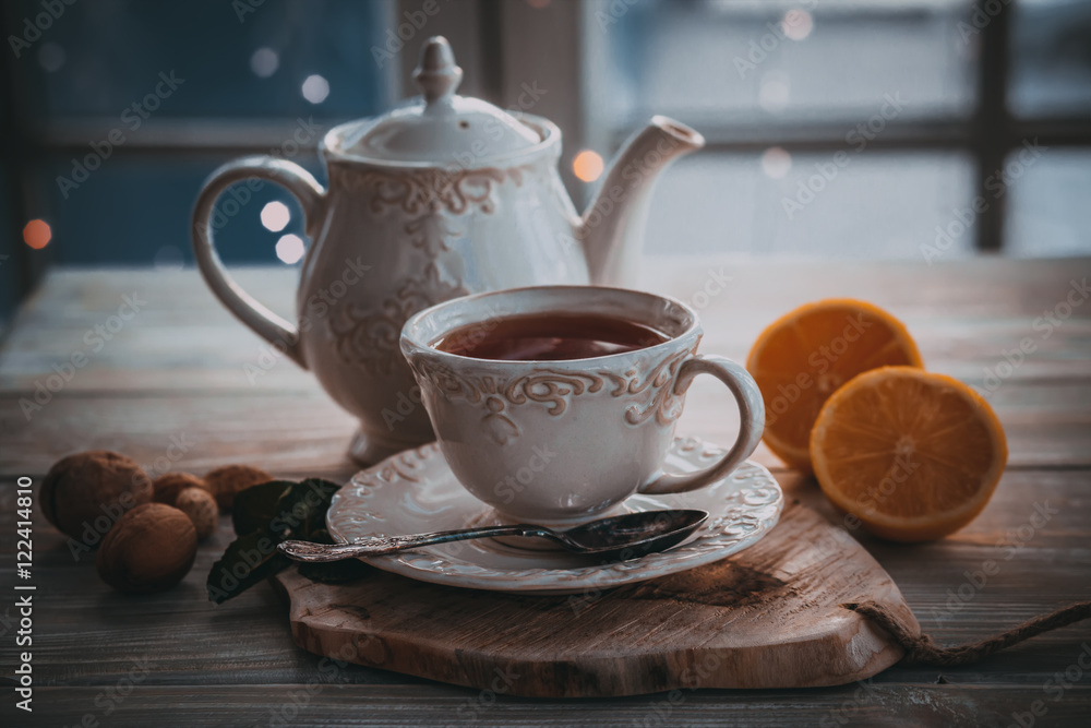 Fototapeta premium Hot tea in cold winter