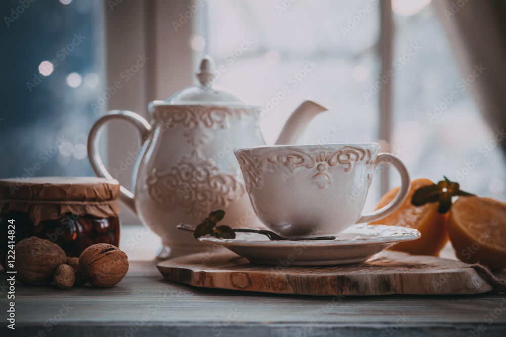 Fototapeta premium Hot tea in cold winter