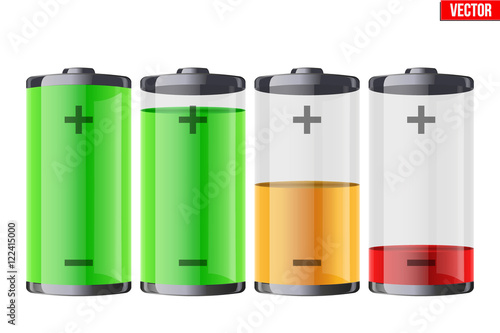 Set of rechargeable batteries with indication level of full charge to low. Editable Vector illustration Isolated on white background.