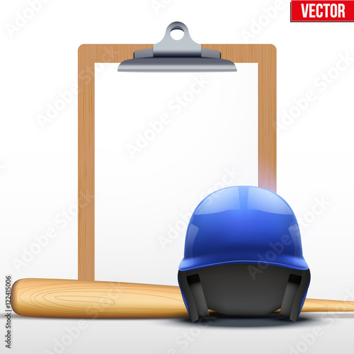 Coaching blank clipboard and baseball helmet ans bat. Editable Vector illustration Isolated on white background.