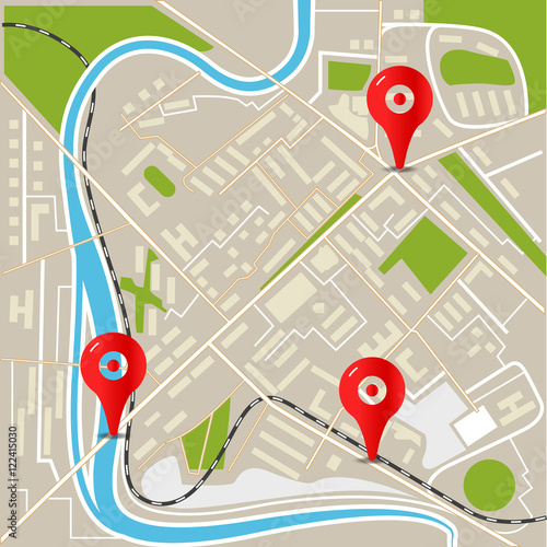 Abstract city map with red pins. Flat design illustration
