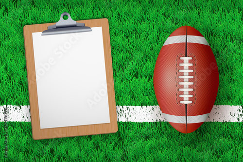 Stadium grass field with Coaching blank clipboard and football ball. Closeup For various sport background. Editable Vector illustration Isolated on background.